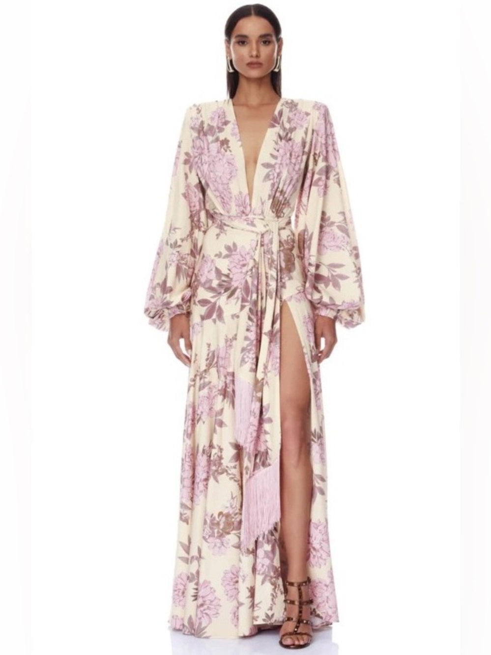 Bronx & Banco Magnolia Carmen Tassel Wrap High Slit Bell Sleeve Gown S NWOT